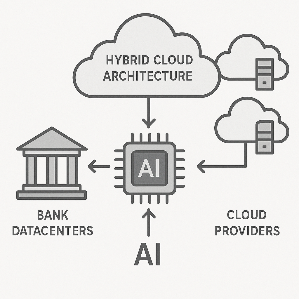 A schematic of hybrid cloud architecture linking bank datacenters and cloud providers for AI workloads.