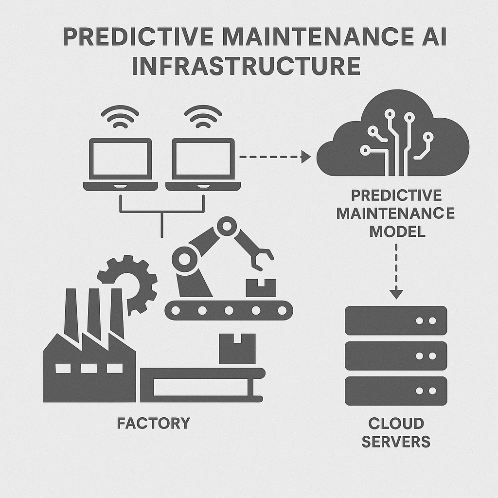 Diagram of predictive maintenance AI infrastructure spanning edge computing nodes and cloud servers in a factory environment.