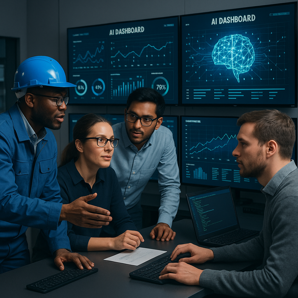 Cross-functional industrial team (engineers, data scientists, IT staff) collaborating in a control room with AI dashboards.