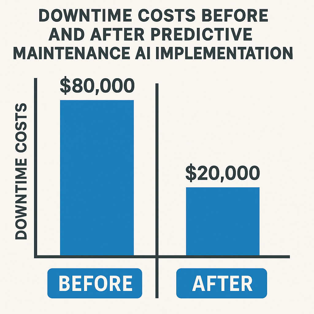 Infographic comparing downtime costs before and after predictive maintenance AI implementation.
