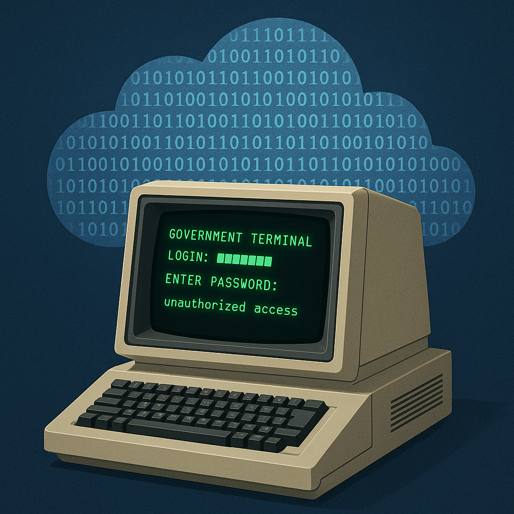 A legacy government computer terminal with green text, contrasted by a modern cloud data pattern.
