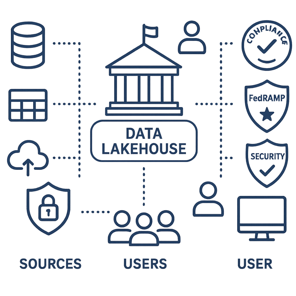 A schematic of a government data lakehouse with security shields and compliance badges like FedRAMP.