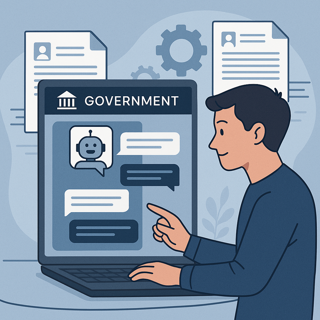 User interacting with an AI chatbot on a government website, forms being processed automatically in the background.