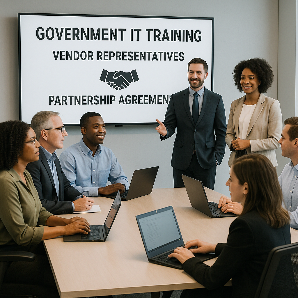 A group of government IT professionals in a training session, with vendor representatives and partnership agreements on a screen.