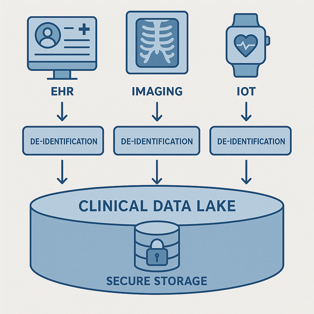 Diagram showing a clinical data lake architecture with EHR, imaging, and IoT data feeding into de-identification pipelines and secure storage.