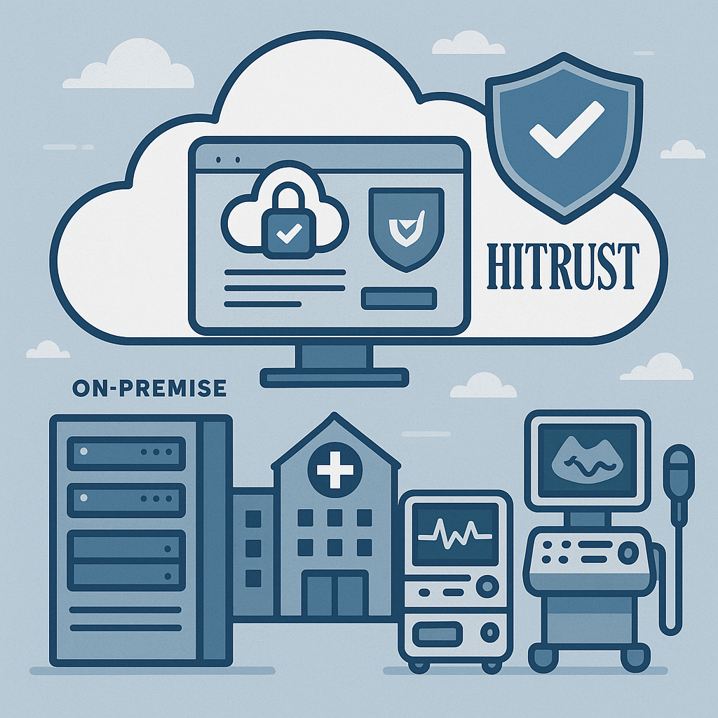 A trustworthy cloud interface with HITRUST certification badge, alongside on-premise hospital servers and medical devices.