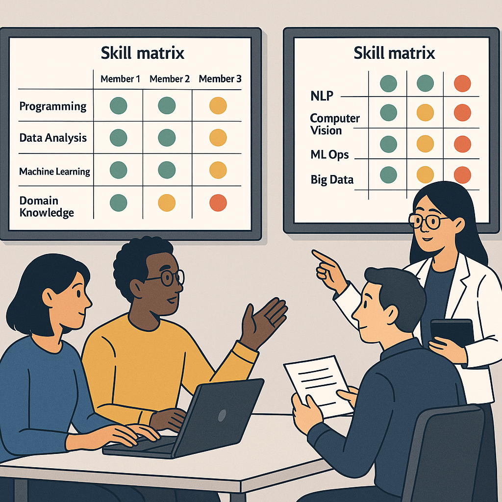 A visual of a cross-functional AI team collaborating with skill matrix charts on large displays.