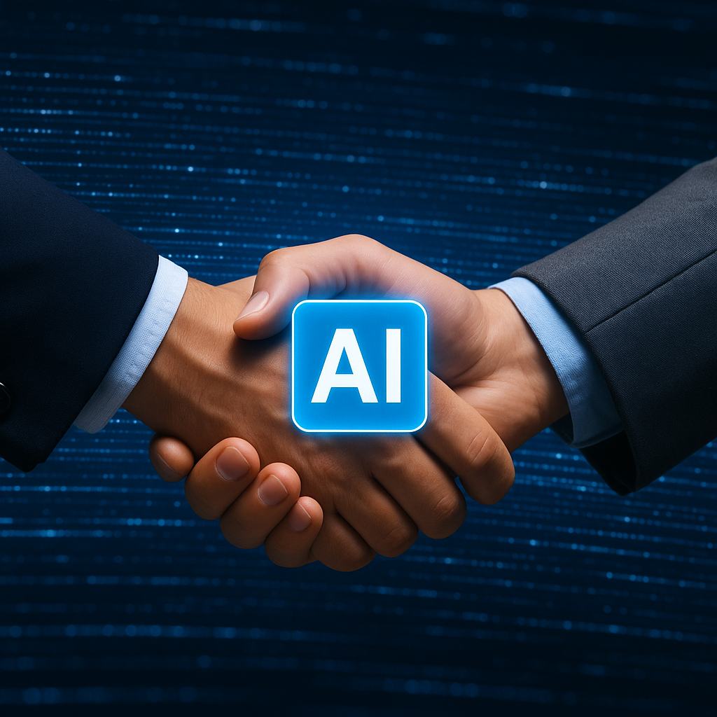A handshake between a company representative and a partner symbolizing AI vendor partnership, with digital data streams.