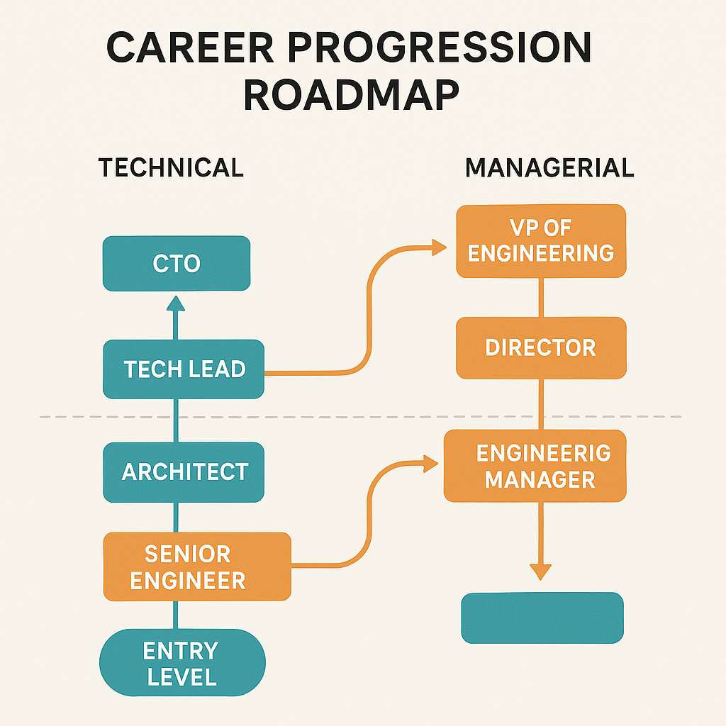 A career progression roadmap with both technical and managerial tracks illustrated.