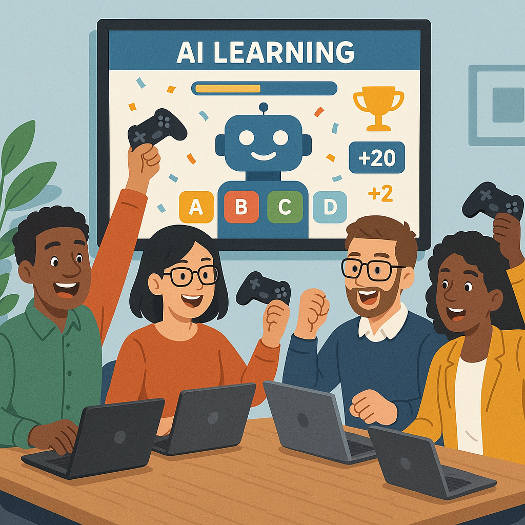 Employees from different departments participating in an engaging gamified AI learning session.