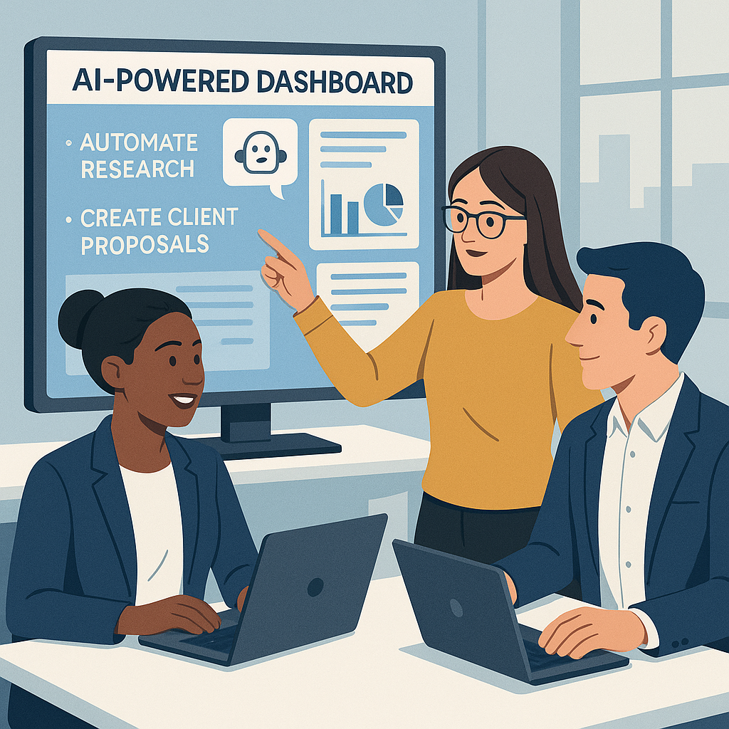 Consulting team using an AI-powered dashboard to automate research and create client proposals, contemporary style.