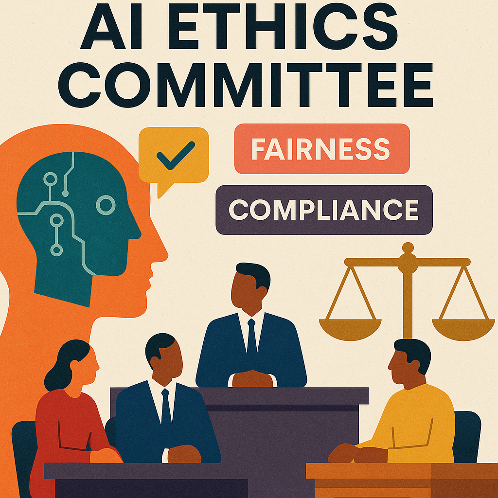 An abstract illustration of an AI ethics committee panel discussing fairness and compliance in a legal setting