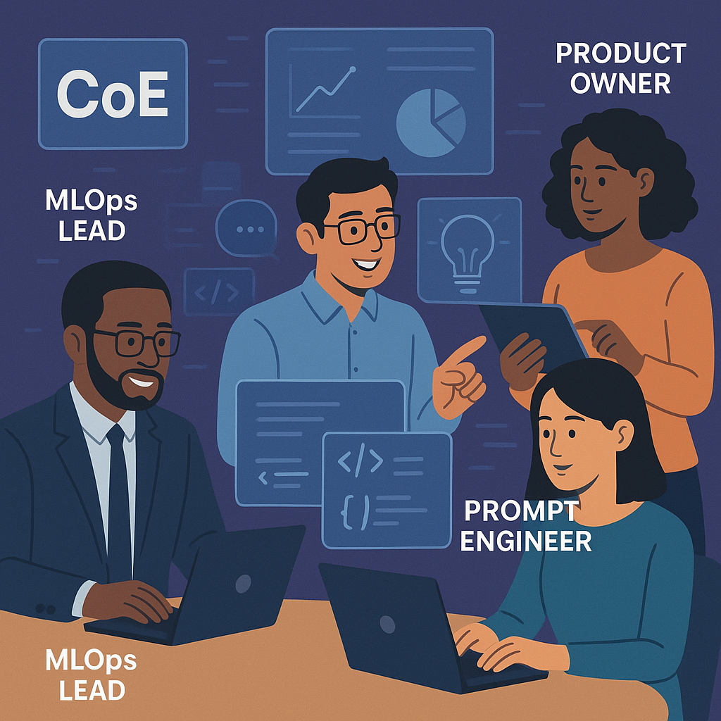 A team of diverse professionals collaborating around digital interfaces, representing key CoE roles such as product owner, MLOps lead, and prompt engineer.