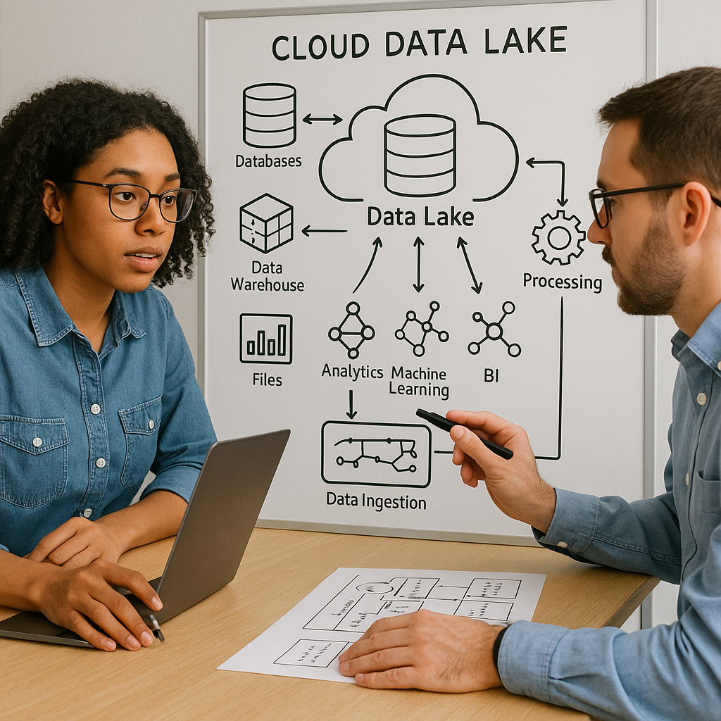 Engineers collaborating over cloud-based data lake architecture diagrams